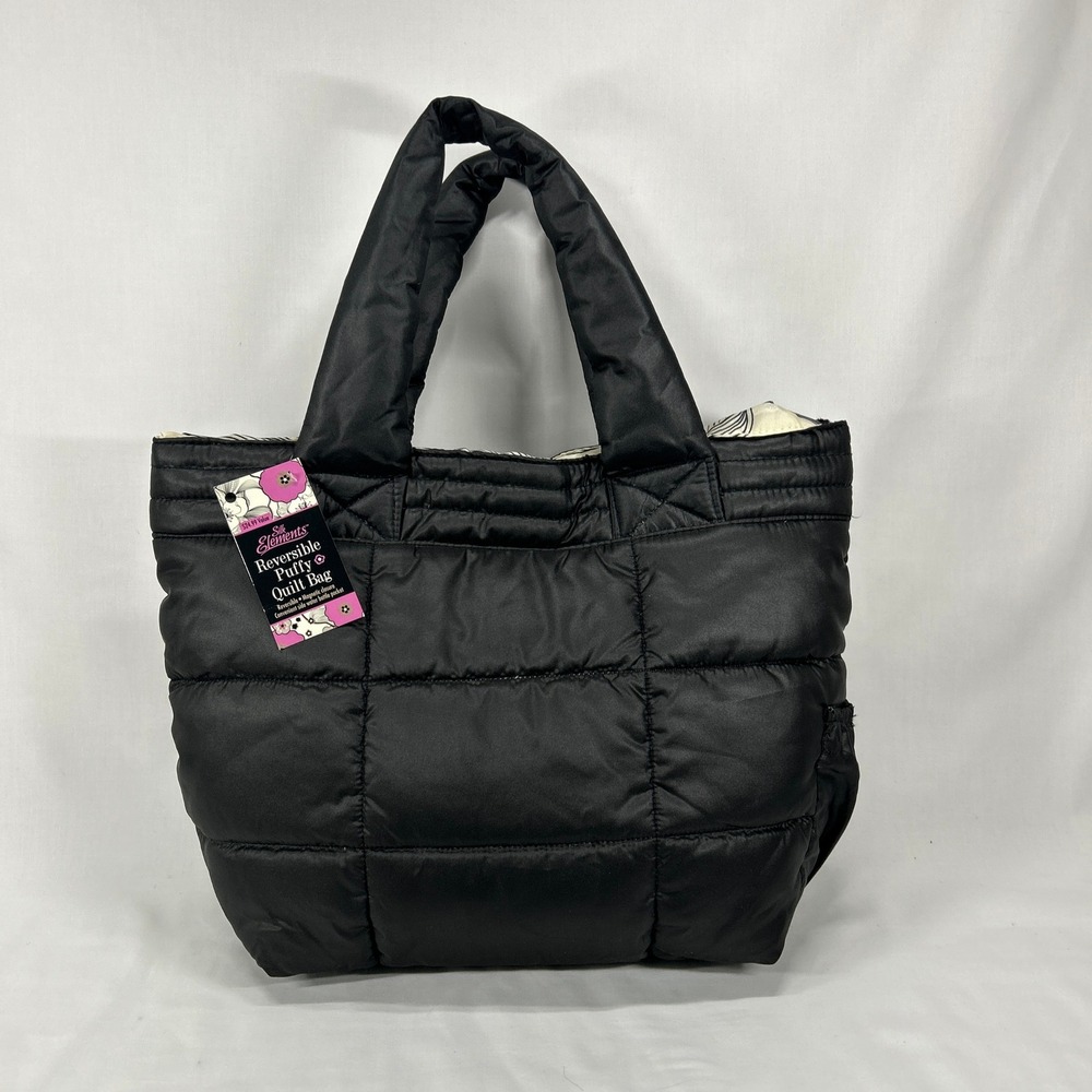Y2K Deadstock Silk Elements Reversible Puffy Quilt Tote Bag Black Floral